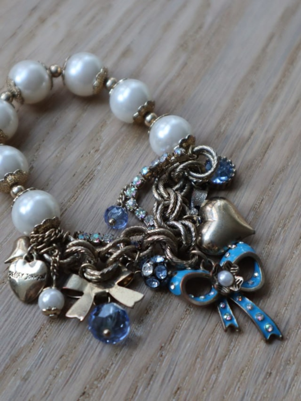 Betsy Johnson vintage Pearl and Gold Charm Bracelet with Blue Accents